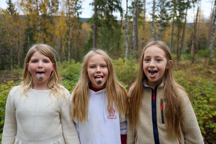 En gruppe barnr med tungen ute En gruppe barnr med tungen ute
